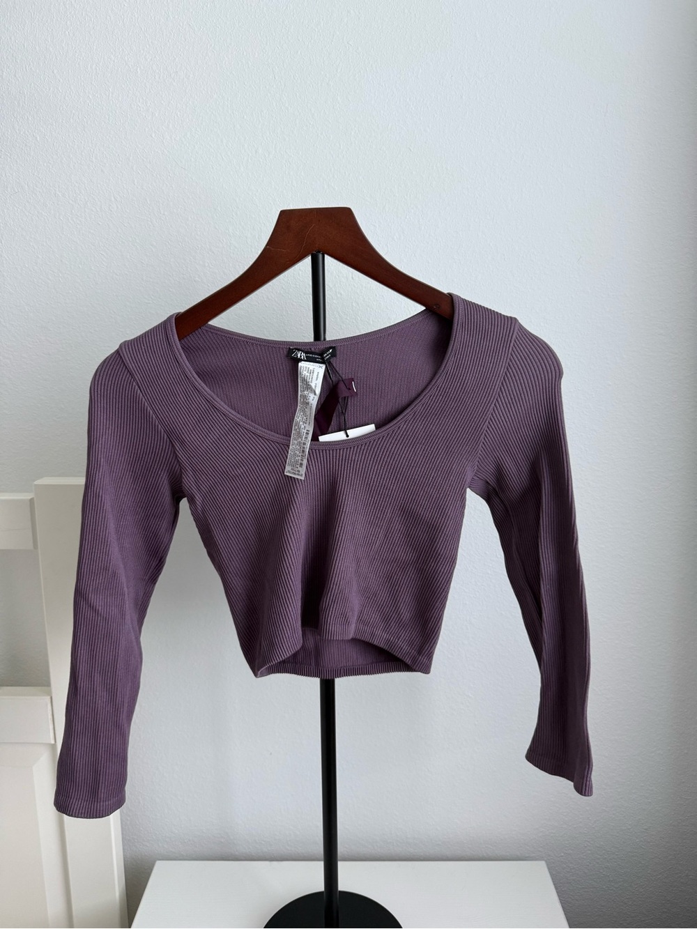 Zara Ribbed Scoop-Neck Long Sleeve Crop Top